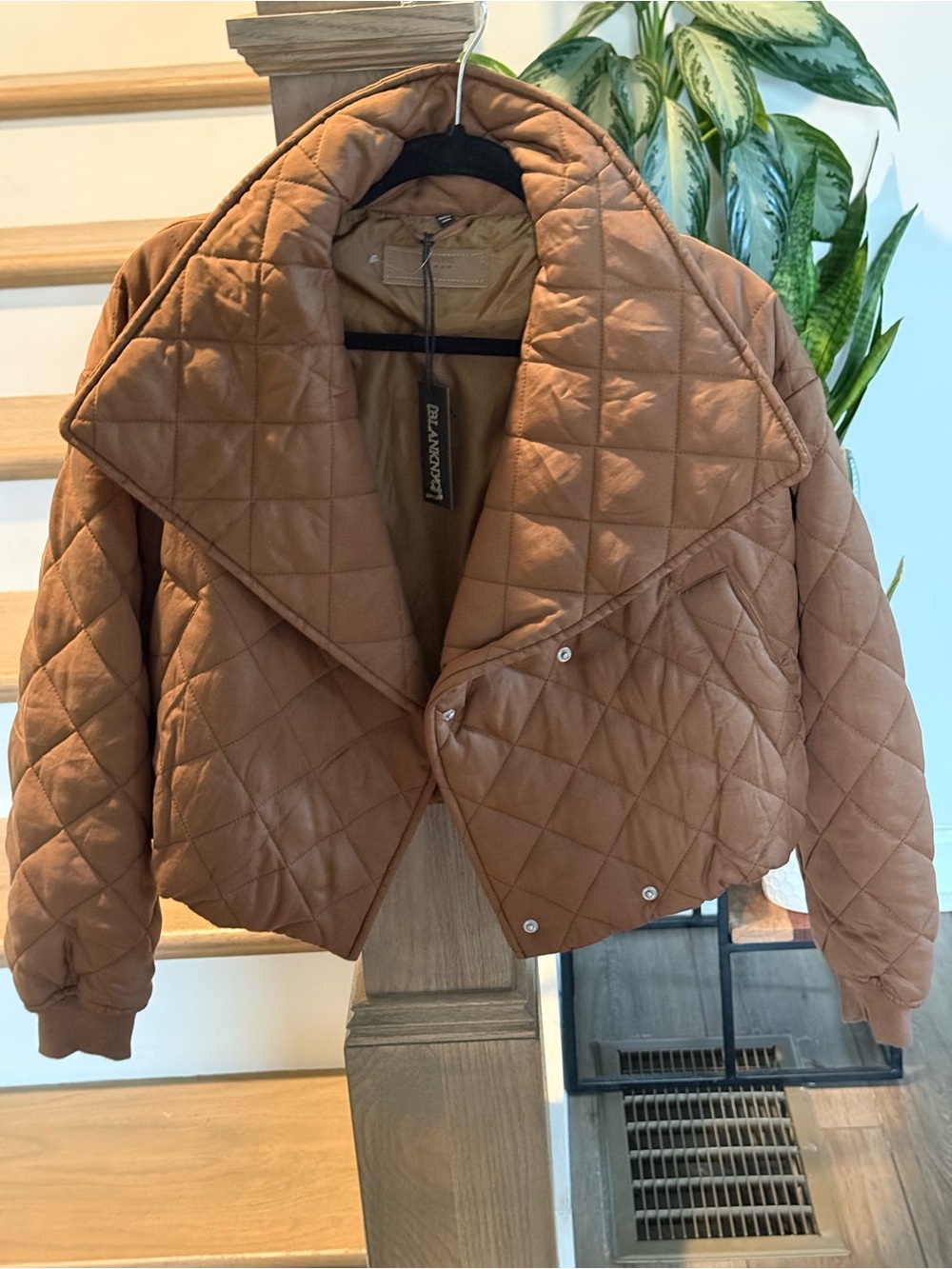 Blank NYC Quilted Cropped Puffer Jacket in Cognac Brown
